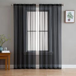 HLC.ME Lucento Sheer Rod Pocket Curtain Panels - Black - Set Of 2 Sheer Curtains