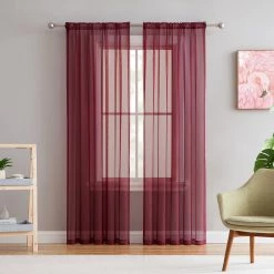 HLC.ME Lucento Sheer Rod Pocket Curtain Panels - Burgundy - Set Of 2 Sheer Curtains