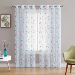 HLC.ME Emma Floral Sheer Grommet Curtain Panels - Turquoise - Set Of 2