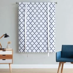 HLC.ME Faux Linen Curtains Lattice Print Blackout Tie Up Balloon Shade Valance - Platinum White & Navy