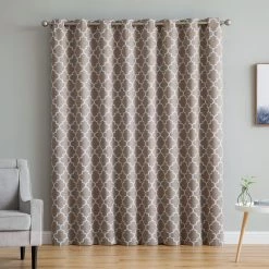 HLC.ME Faux Linen Curtains Lattice Print Blackout Grommet Patio Door Panel - Taupe