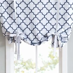 HLC.ME Faux Linen Curtains Lattice Print Blackout Tie Up Balloon Shade Valance - Platinum White & Navy