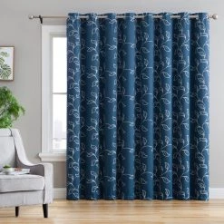 HLC.ME Carol Floral Blackout Grommet Patio Door Panel - Teal Blue/Ivory