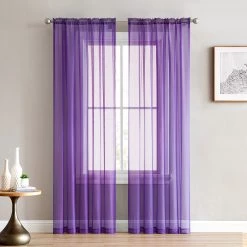 HLC.ME Lucento Sheer Rod Pocket Curtain Panels - Purple - Set Of 2 Sheer Curtains