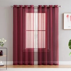 HLC.ME Sheer Grommet Curtain Panels - Burgundy - Set Of 2 Sheer Curtains