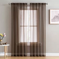 HLC.ME Lucento Sheer Rod Pocket Curtain Panels - Chocolate Brown - Set Of 2