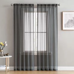 HLC.ME Sheer Curtains Lucento Sheer Rod Pocket Curtain Panels - Charcoal Grey - Set Of 2