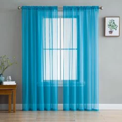 HLC.ME Sheer Curtains Lucento Sheer Rod Pocket Curtain Panels - Turquoise - Set Of 2