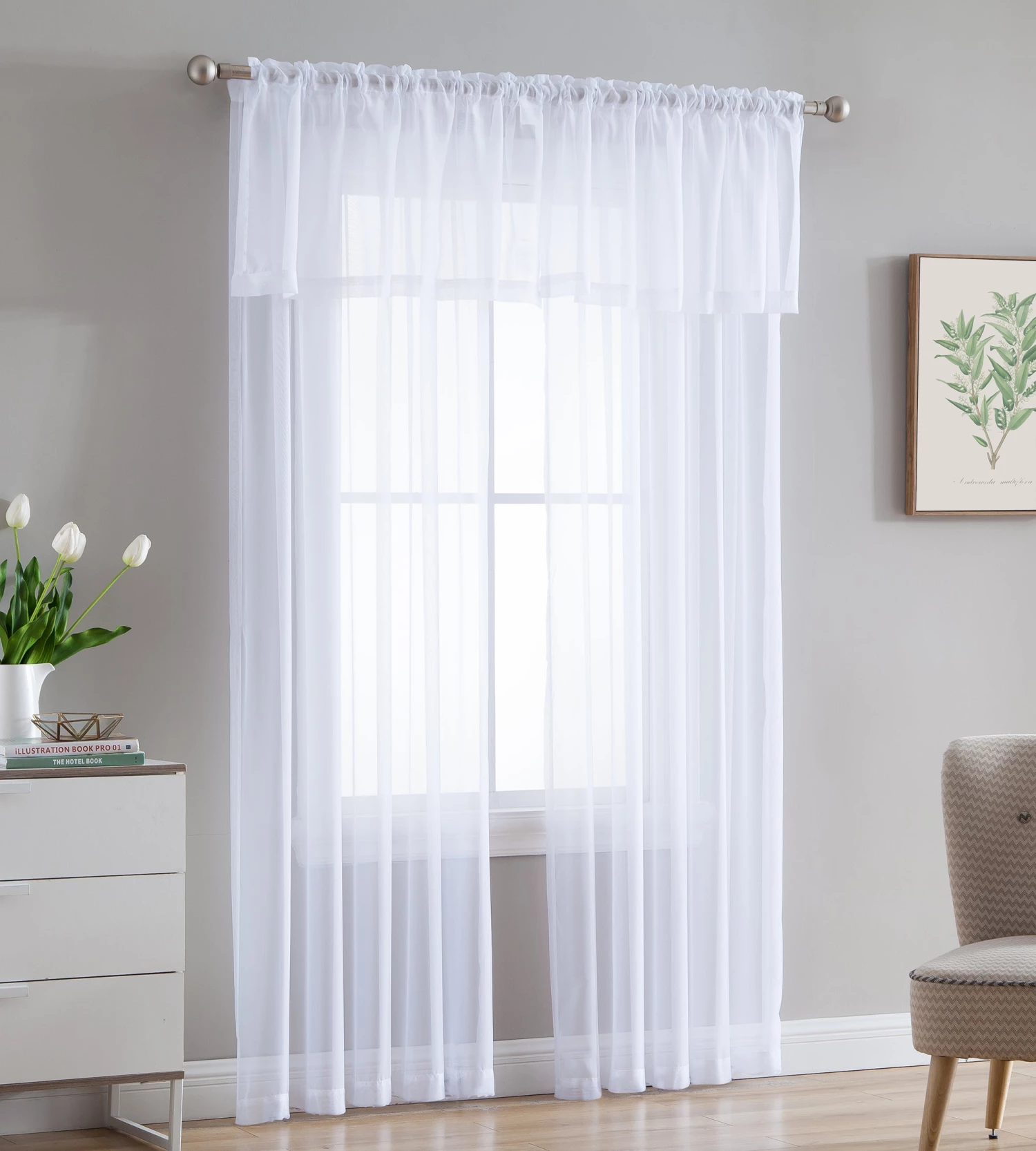 HLC.ME Lucento Sheer Rod Pocket Valance - White - Set Of 2 Faux Linen Curtains