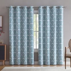 HLC.ME Blackout Curtains Damask Print 100% Blackout Grommet Curtain Panels - Platinum White & Teal Blue - Set Of 2
