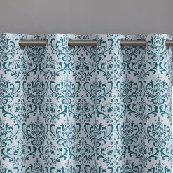 HLC.ME Blackout Curtains Damask Print 100% Blackout Grommet Curtain Panels - Platinum White & Teal Blue - Set Of 2