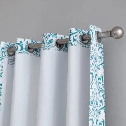 HLC.ME Blackout Curtains Damask Print 100% Blackout Grommet Curtain Panels - Platinum White & Teal Blue - Set Of 2