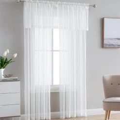 HLC.ME Lucento Sheer Rod Pocket Valance - Ivory - Set Of 2 Faux Linen Curtains