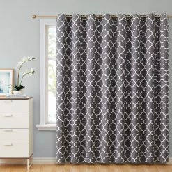 HLC.ME Lattice Print Blackout Grommet Patio Door Panel - Grey Faux Linen Curtains