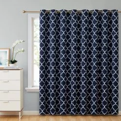 HLC.ME Faux Linen Curtains Lattice Print Blackout Grommet Patio Door Panel - Navy Blue