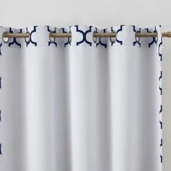HLC.ME Lattice Print Blackout Grommet Patio Door Panel - Platinum White/Navy Blue Faux Linen Curtains
