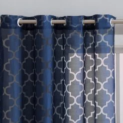 HLC.ME Lattice Burnout Sheer Grommet Curtain Panels - Navy Blue - Set Of 2