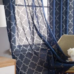 HLC.ME Lattice Burnout Sheer Grommet Curtain Panels - Navy Blue - Set Of 2