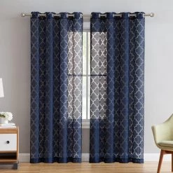 HLC.ME Lattice Burnout Sheer Grommet Curtain Panels - Navy Blue - Set Of 2