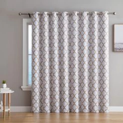 HLC.ME Faux Linen Curtains Lattice Print Blackout Grommet Patio Door Panel - Platinum White/Gold