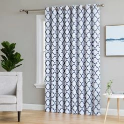 HLC.ME Lattice Print Blackout Grommet Patio Door Panel - Platinum White/Navy Blue Faux Linen Curtains