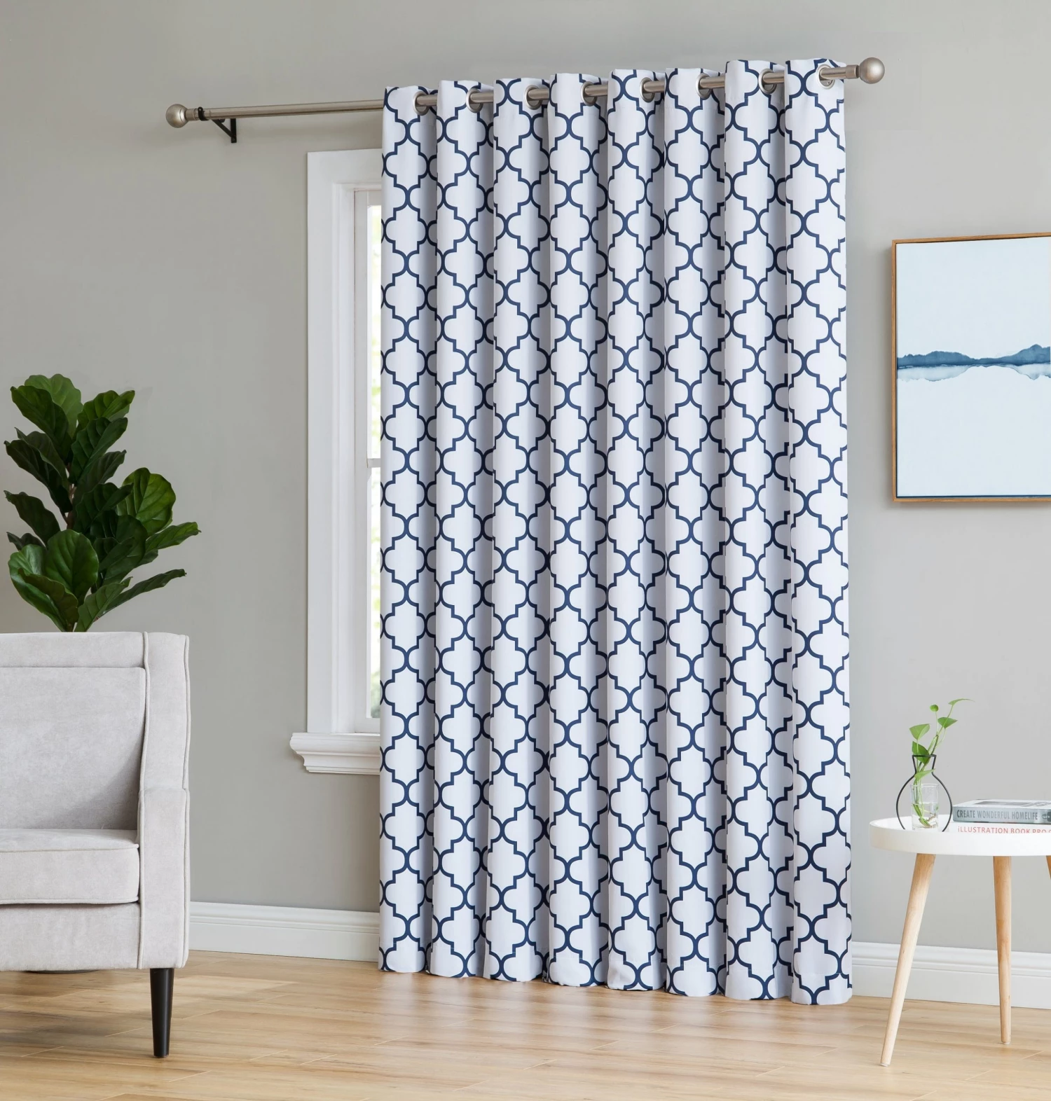 HLC.ME Lattice Print Blackout Grommet Patio Door Panel - Platinum White/Navy Blue Faux Linen Curtains 3 HLC.ME Lattice Print Blackout Grommet Patio Door Panel - Platinum White/Navy Blue Faux Linen Curtains
