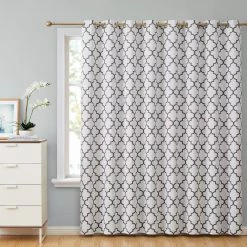 HLC.ME Faux Linen Curtains Lattice Print Blackout Grommet Patio Door Panel - Platinum White & Grey