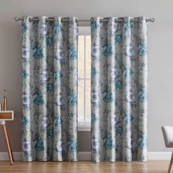 HLC.ME Layla Floral 100% Blackout Grommet Curtain Panels - Teal Blue - Set Of 2 Blackout Curtains