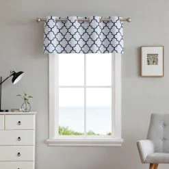 HLC.ME Lattice Print Blackout Grommet Valance - Platinum White & Navy 12 HLC.ME Lattice Print Blackout Grommet Valance - Platinum White & Navy