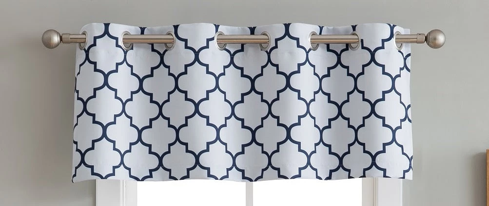 HLC.ME Lattice Print Blackout Grommet Valance - Platinum White & Navy 3 HLC.ME Lattice Print Blackout Grommet Valance - Platinum White & Navy