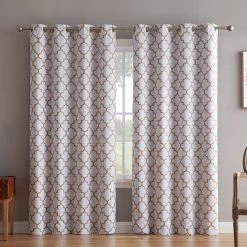 HLC.ME Lattice Print Blackout Grommet Curtain Panels - Platinum White/Gold - Set Of 2 Blackout Curtains