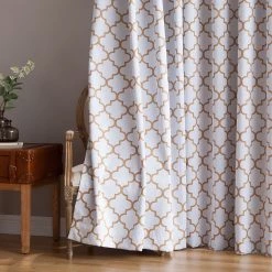 HLC.ME Lattice Print Blackout Grommet Curtain Panels - Platinum White/Gold - Set Of 2 Blackout Curtains