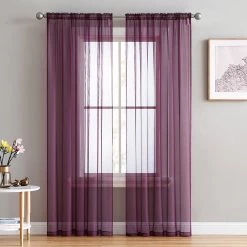 HLC.ME Sheer Curtains Lucento Sheer Rod Pocket Curtain Panels - Plum - Set Of 2