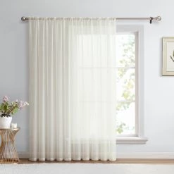 HLC.ME Lucento Sheer Rod Pocket Patio Door Panel - Ivory Faux Linen Curtains
