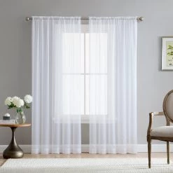 HLC.ME Lucento Sheer Rod Pocket Curtain Panels - White - Set Of 2 Sheer Curtains