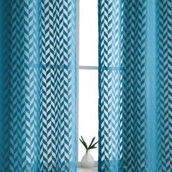 HLC.ME Herringbone Lace Sheer Rod Pocket Curtain Panels - Grey Teal - Set Of 2