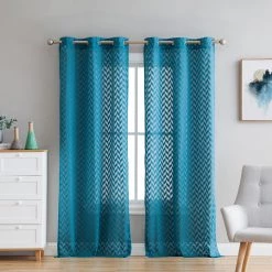 HLC.ME Herringbone Lace Sheer Rod Pocket Curtain Panels - Grey Teal - Set Of 2