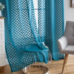 HLC.ME Herringbone Lace Sheer Rod Pocket Curtain Panels - Grey Teal - Set Of 2