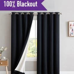 HLC.ME Blackout Curtains Textured Lined 100% Blackout Grommet Curtain Panels - Black - Set Of 2