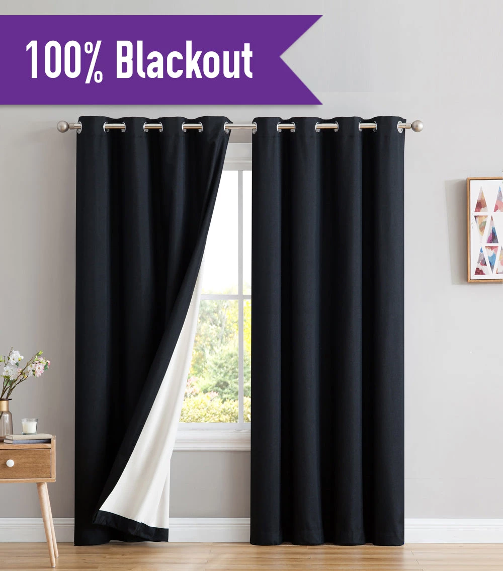 HLC.ME Blackout Curtains Textured Lined 100% Blackout Grommet Curtain Panels - Black - Set Of 2 3 HLC.ME Blackout Curtains Textured Lined 100% Blackout Grommet Curtain Panels - Black - Set Of 2