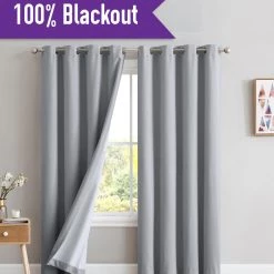 HLC.ME Textured Lined 100% Blackout Grommet Curtain Panels - Light Grey - Set Of 2 Blackout Curtains