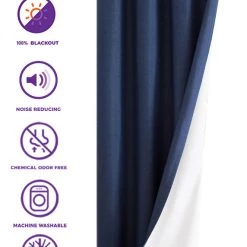 HLC.ME Textured Lined 100% Blackout Grommet Curtain Panels - Navy Blue - Set Of 2 Blackout Curtains