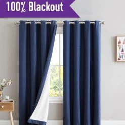 HLC.ME Textured Lined 100% Blackout Grommet Curtain Panels - Navy Blue - Set Of 2 Blackout Curtains